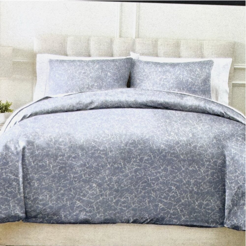 3pc Rachel Zoe Dusty Blue Crackle KING Duvet Cover Sham Set White Silver Luxury